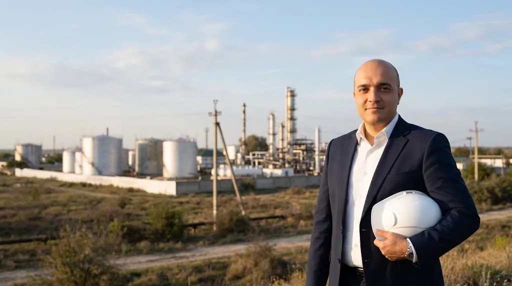 Шамиль Магомедов на территории нефтеперерабатывающего завода
